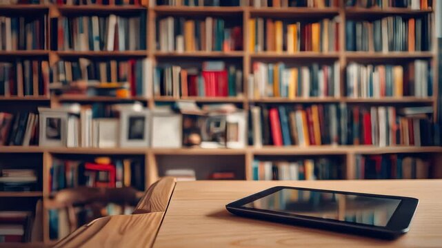 Tablet on wooden desk before blurry bookcase with books