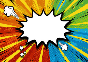 Fototapeta premium Colorful comic book explosion with halftone pattern and blank white speech bubble for text space use