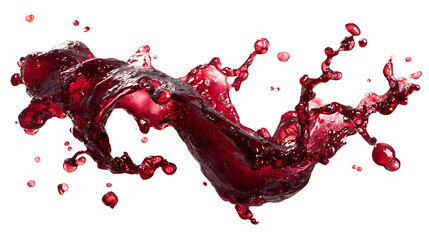Red wine splash mid-air with realistic texture, isolated on a white background