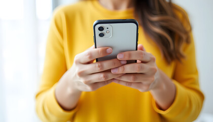 A woman uses a smartphone, focusing on the device held in her hands, indoors with a yellow sweater.