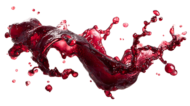 Red wine splash mid-air with realistic texture, isolated on a white background