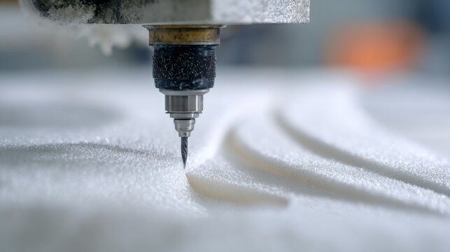 Focused medium shot capturing the delicate slicing of freeform foam panels by a hotwire cutter emphasizing tool tip and textured foam with outoffocus workspace creating depth.