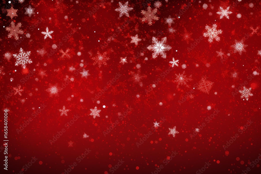 Poster christmas background with snowflakes falling on a vibrant red backdrop, creating a festive and magic