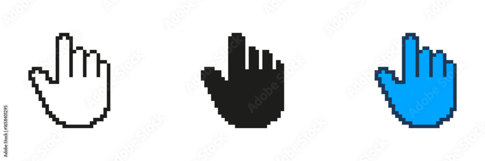 Poster pixelated hand icon set. selection gesture in pixel art style. pointer control in digital interfaces