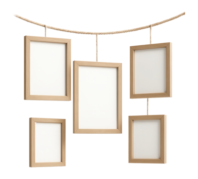 Blank photo frames hanging on a rope.