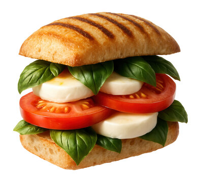 Caprese panini sandwich with mozzarella, tomatoes, and basil on grilled ciabatta bread.