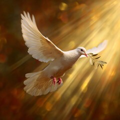 Obraz premium White dove flying with olive branch in beak under golden sunlight rays symbolizing peace and hope for global international events in september days