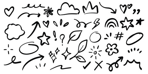 Hand drawn doodle elements in black and white, Sketch pencil stroke vector including arrows, hearts, stars, clouds, flowers, leaves, symbol and brush lines for creative note design, planner decoration