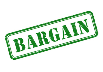 A green bargain stamp with a white border and the word bargain in green on a white background