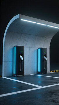 Modern EV Charging Station with Blue-Green Light and Arc Roof