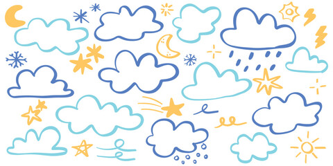 Cute handdrawn weather doodle vector set with clouds, rain drops, snowflakes, sun, storm and sky symbols in soft colors for educational illustration, forecast graphic, kid material and seasonal art