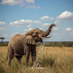 Obraz premium Playful Elephant Spraying Water in African Savanna – Wildlife Photography at Golden Hour