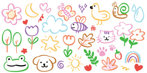 colorful hand drawn doodle icon set with cute animals, flowers, leaves, clouds, stars, sun, rainbow, fruit and nature symbols for kids design and educational materials. vector illustration