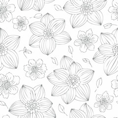 Elegant monochrome seamless pattern of minimal line art flowers on white background, perfect for fabric, wallpaper, wedding invitations, modern decor, and digital projects.