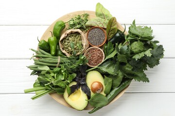 Superfood. Healthy food products on white wooden table, top view