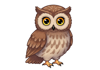 Illustration of a cartoon owl with brown and beige feathers and big yellow eyes on a white background