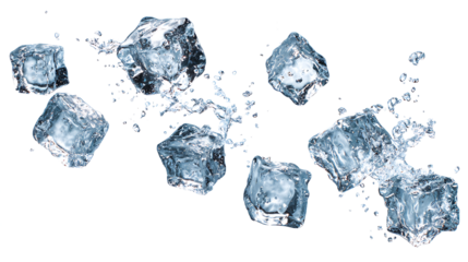 Ice cubes falling and shattering, isolated on a white background