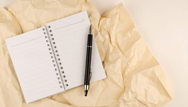 A spiral-bound notebook and pen on crumpled paper.