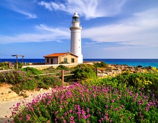 Iconic White Lighthouse Stands Tall Amidst Vibrant Coastal Flora and Azure Sea.