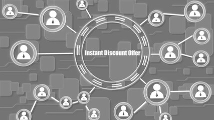 Digital graphic with central circular clock face displaying Instant Discount Offer and scattered user icons - Powered by Adobe
