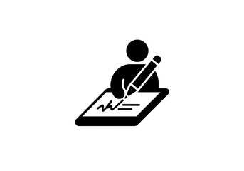 Fototapeta premium A black silhouette of a person writing on a tablet with a pencil on a white background simple design