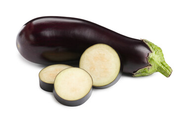 Whole and cut fresh eggplants isolated on white