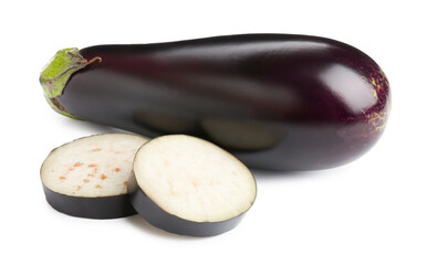 Whole and cut fresh eggplants isolated on white