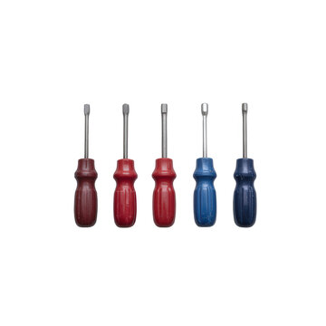 Set of colorful screwdrivers with ergonomic handles, displayed against a white isolated background. Perfect for hardware, DIY projects, and tool collections.