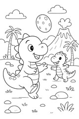 Two cute dinosaurs playing ball happily in prehistoric landscape with volcano and palm trees. Coloring page