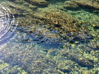 Sea crystal clear water with stones and pebbles at the bottom.