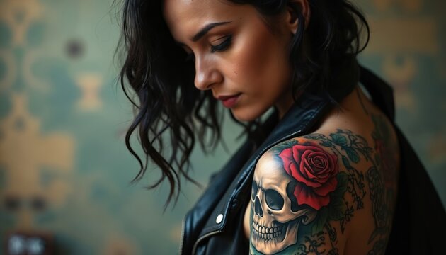 Portrait of woman with skull tattoo and rose on shoulder. She wears a black leather jacket. Indoor shot with blurred background showcases her alternative style and edgy fashion sense.