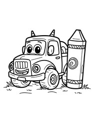 A cartoon truck and crayon coloring page in black and white.