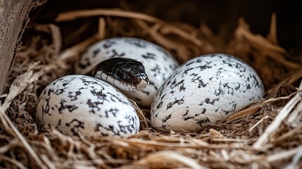 Obraz premium Snake guarding eggs in a nest