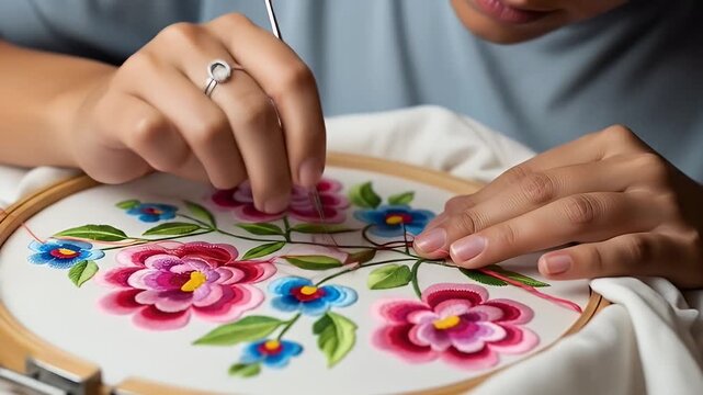 Woman's Hands Performing Intricate Floral Embroidery
