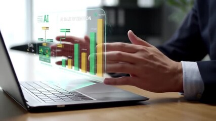 AI Sales Optimization Businessman Interacting with Holographic Data on Laptop - Powered by Adobe