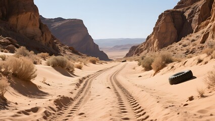 Desert Landscape with Tire Tracks Leading Through Sand Dunes and Rock Formations