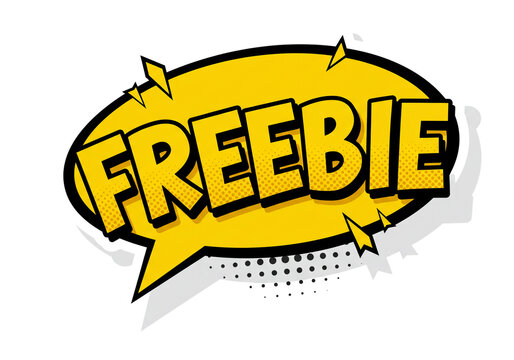 A yellow speech bubble with the word freebie in black letters with a comic book style design