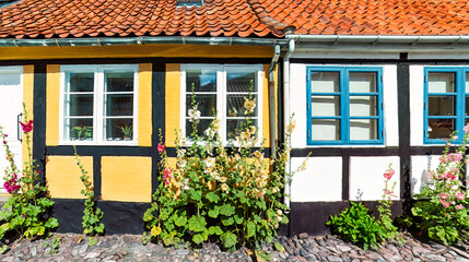 Painted like memory half timbered houses of Ronne, bloom at the base with hollyhocks. Summer slowly rhythm in pale blue and honey tones.