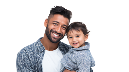 Latino father holding his child and smiling at camera, isolated on a white background