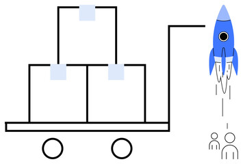 Cart carrying stacked boxes beside a launching rocket with people below. Ideal for innovation, logistics, shipment, teamwork, startup growth, supply chain, delivery. Simple flat metaphor