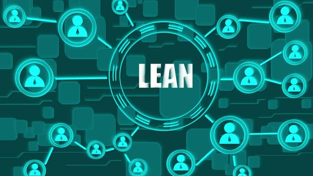 Abstract teal network of people icons and squares with the word LEAN in a central circle lean efficiency