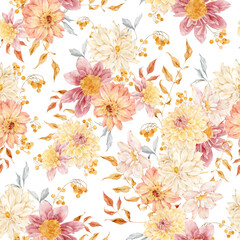 Watercolor Floral Pattern With Dahlias,  Watercolor autumn wallpaper and wrapping paper design