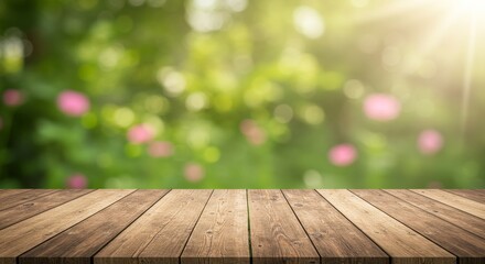A rustic wooden table with a blurred garden background.