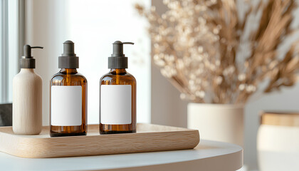 Amber glass dropper bottles with blank labels on wooden tray for cosmetics