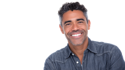 Professional Latino man in casual office clothes smiling naturally, isolated on a white background.
