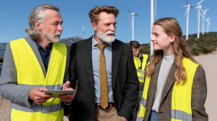 Renewable energy development wind farm site professional discussion outdoor close-up sustainable practices
