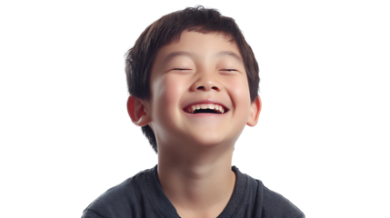 Asian boy laughing with eyes closed, natural expression, isolated on a white background. 