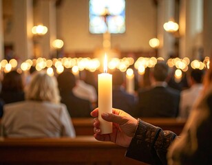 Illuminating faith a hand holding a candle amidst church gathering light reverence