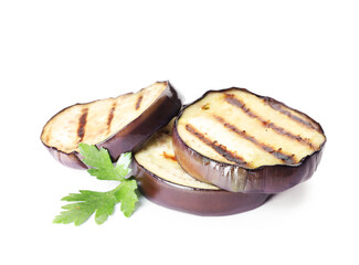 Grilled slices of eggplant with parsley isolated on white