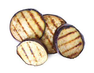 Grilled slices of eggplant isolated on white, top view